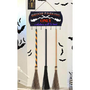 LARGE Halloween Broom Parking Sign with 3 Wooden Witch Brooms Decor USA Ship NEW